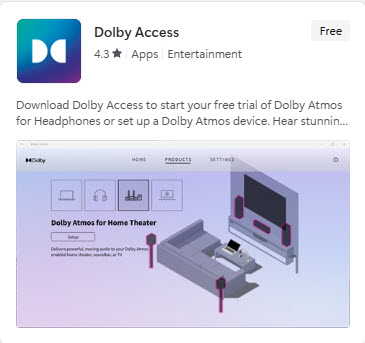 Microsoft Store listing for Dolby Access showing an example free listing