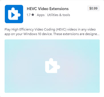Microsoft Store listing for HEVC Video Extensions showing an example paid price