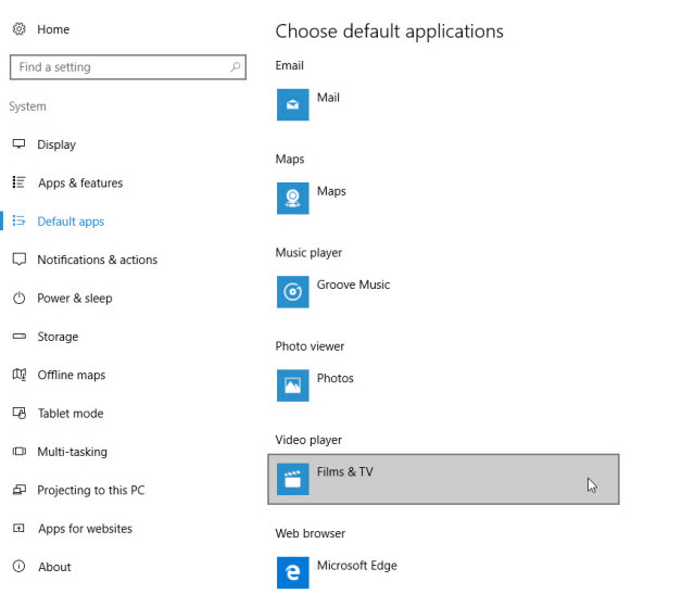 Windows 10 Choose default applications